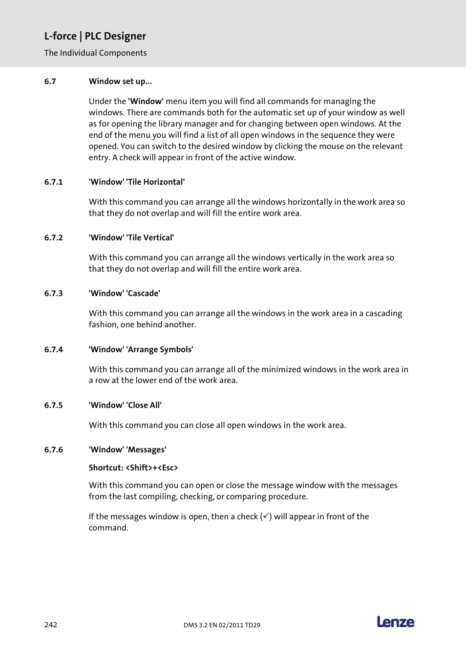 Window set up, Window' 'tile horizontal, Window' 'tile vertical | Window' 'cascade, Window' 'arrange symbols, Window' 'close all, Window' 'messages, L-force | plc designer | Lenze PLC Designer PLC Designer (R2-x) User Manual | Page 244 / 844