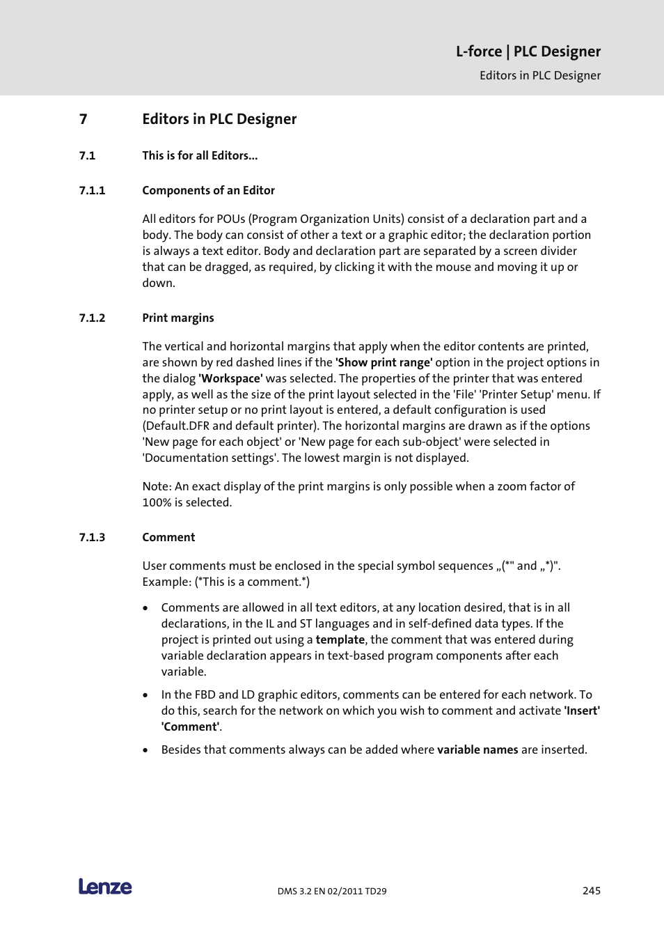 7 editors in plc designer, This is for all editors, Components of an editor | Print margins, Comment, Editors in plc designer, L-force | plc designer, 7editors in plc designer | Lenze PLC Designer PLC Designer (R2-x) User Manual | Page 247 / 844