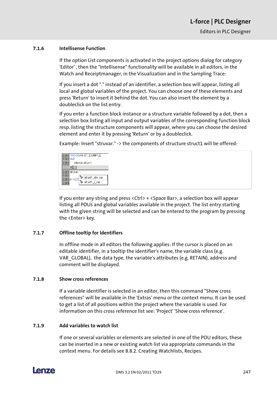 Intellisense function, Offline tooltip for identifiers, Show cross references | Add variables to watch list, L-force | plc designer | Lenze PLC Designer PLC Designer (R2-x) User Manual | Page 249 / 844