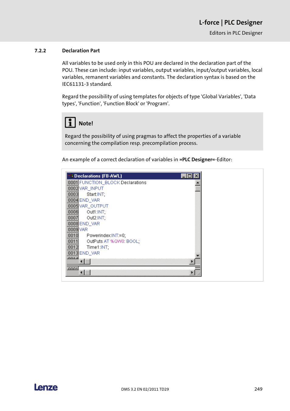 Declaration part, L-force | plc designer | Lenze PLC Designer PLC Designer (R2-x) User Manual | Page 251 / 844