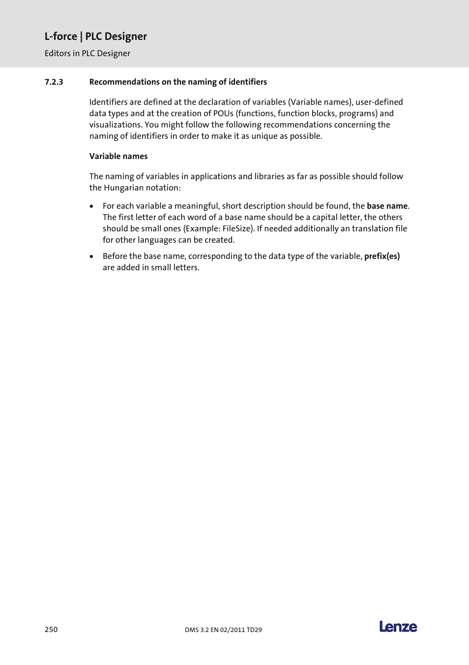 Recommendations on the naming of identifiers, L-force | plc designer | Lenze PLC Designer PLC Designer (R2-x) User Manual | Page 252 / 844