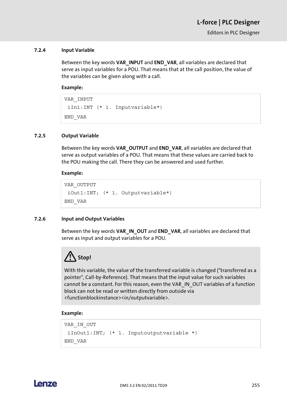Input variable, Output variable, Input and output variables | L-force | plc designer | Lenze PLC Designer PLC Designer (R2-x) User Manual | Page 257 / 844
