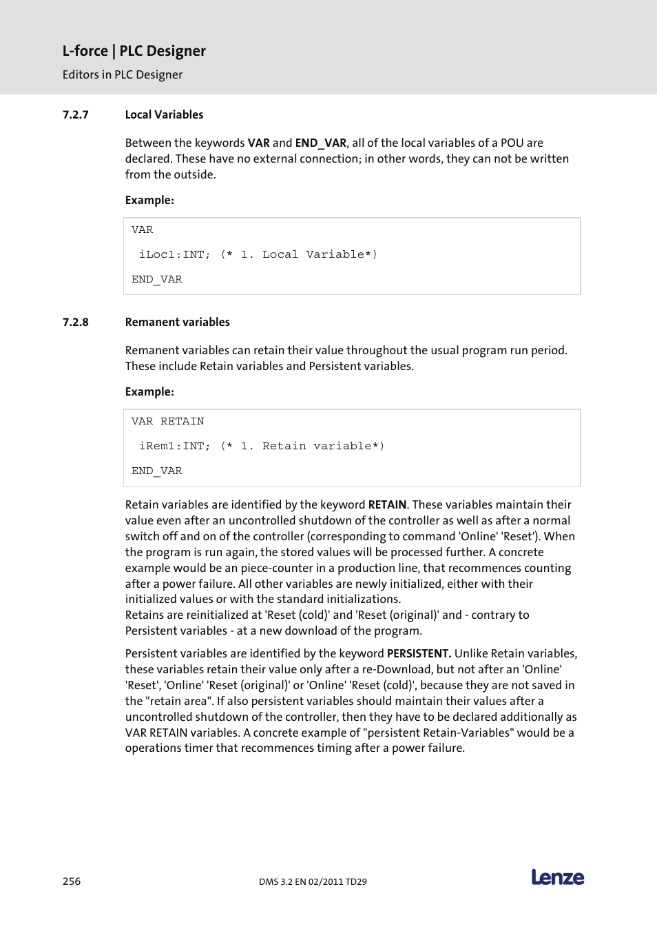 Local variables, Remanent variables, L-force | plc designer | Lenze PLC Designer PLC Designer (R2-x) User Manual | Page 258 / 844