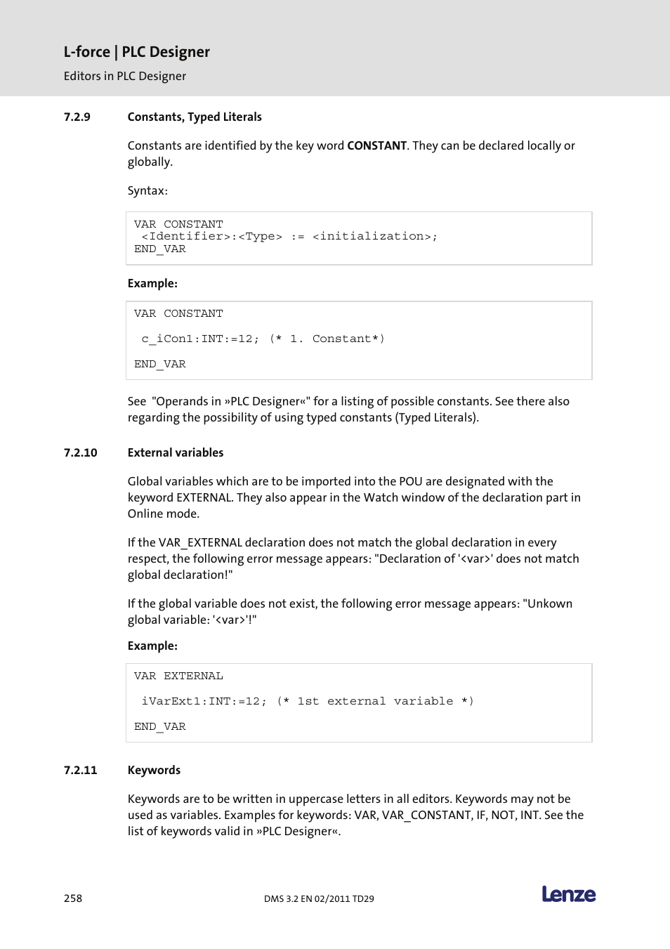 Constants, typed literals, External variables, Keywords | L-force | plc designer | Lenze PLC Designer PLC Designer (R2-x) User Manual | Page 260 / 844