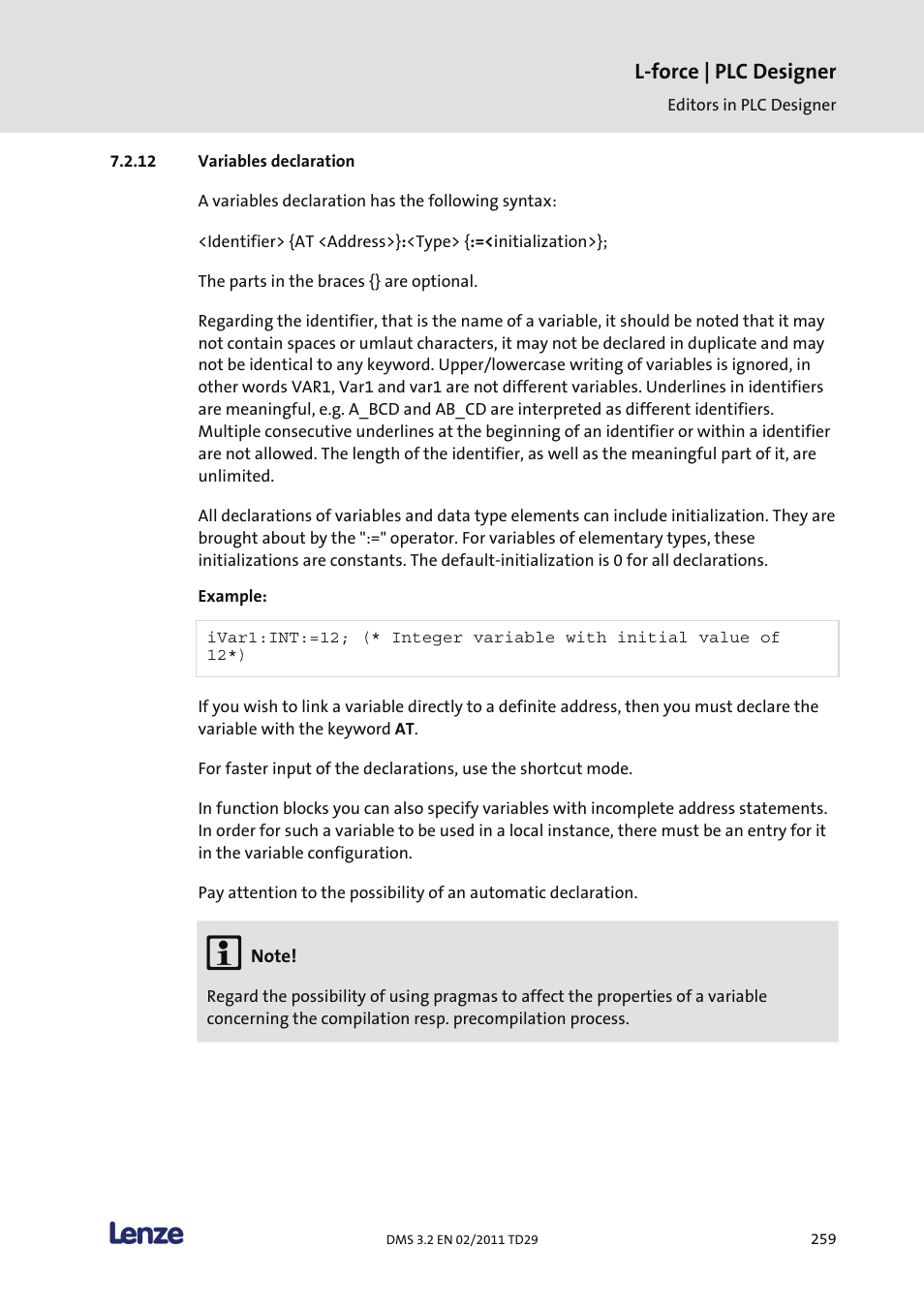 Variables declaration, L-force | plc designer | Lenze PLC Designer PLC Designer (R2-x) User Manual | Page 261 / 844