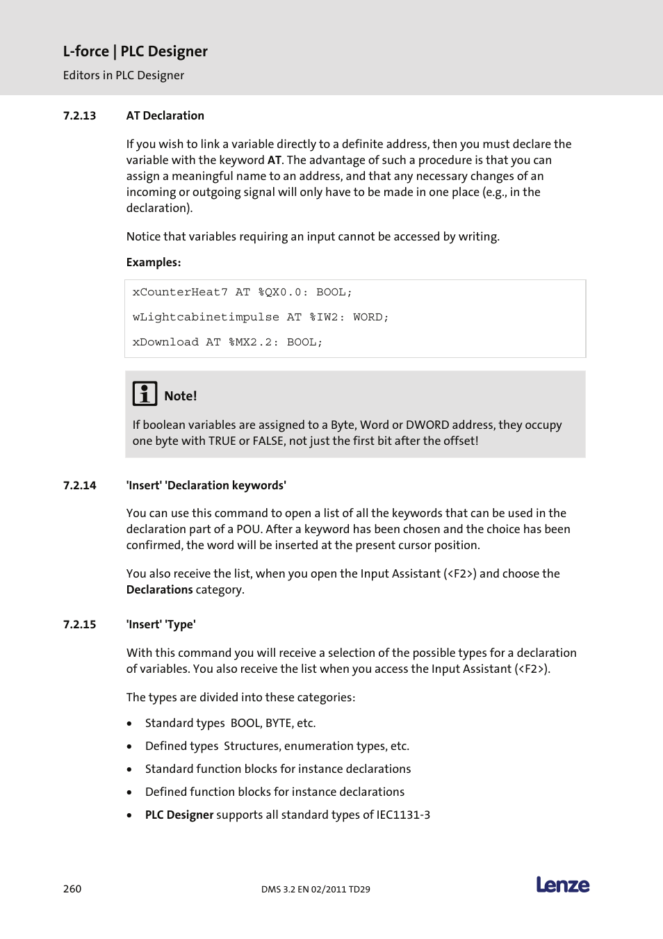At declaration, Insert' 'declaration keywords, Insert' 'type | L-force | plc designer | Lenze PLC Designer PLC Designer (R2-x) User Manual | Page 262 / 844