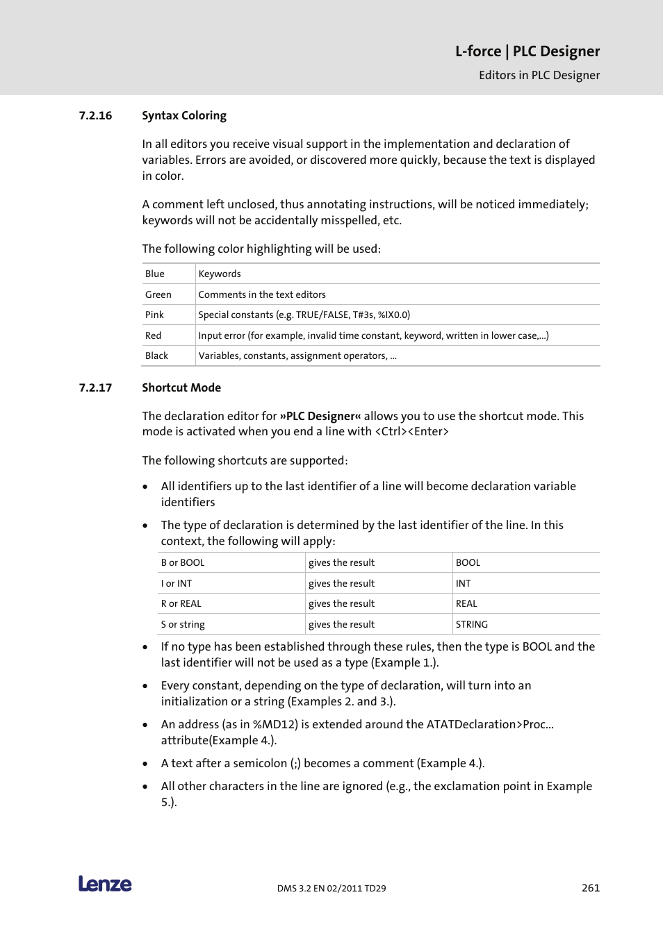Syntax coloring, Shortcut mode, L-force | plc designer | Lenze PLC Designer PLC Designer (R2-x) User Manual | Page 263 / 844