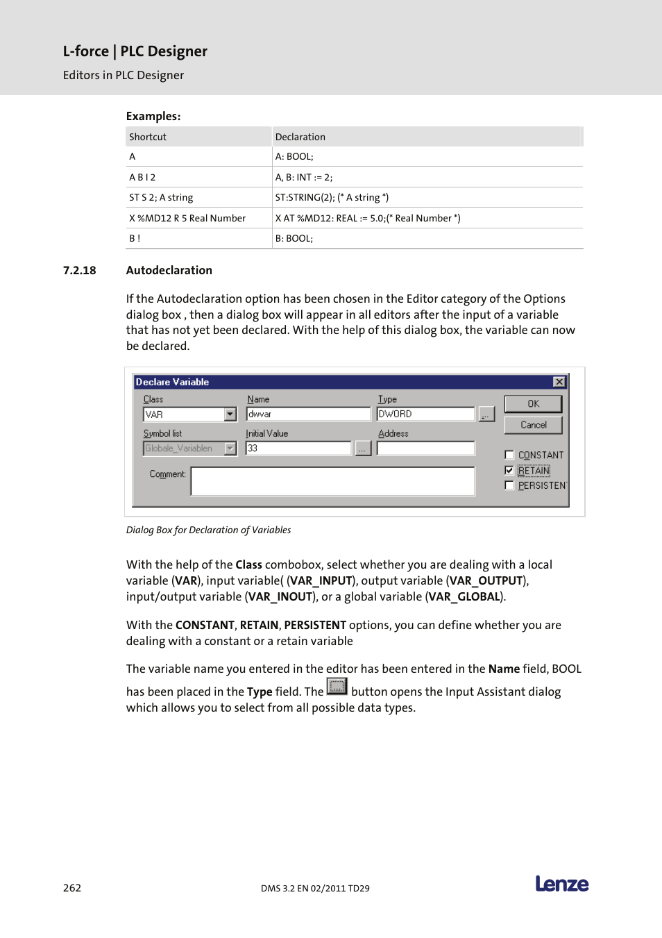 Autodeclaration, L-force | plc designer | Lenze PLC Designer PLC Designer (R2-x) User Manual | Page 264 / 844