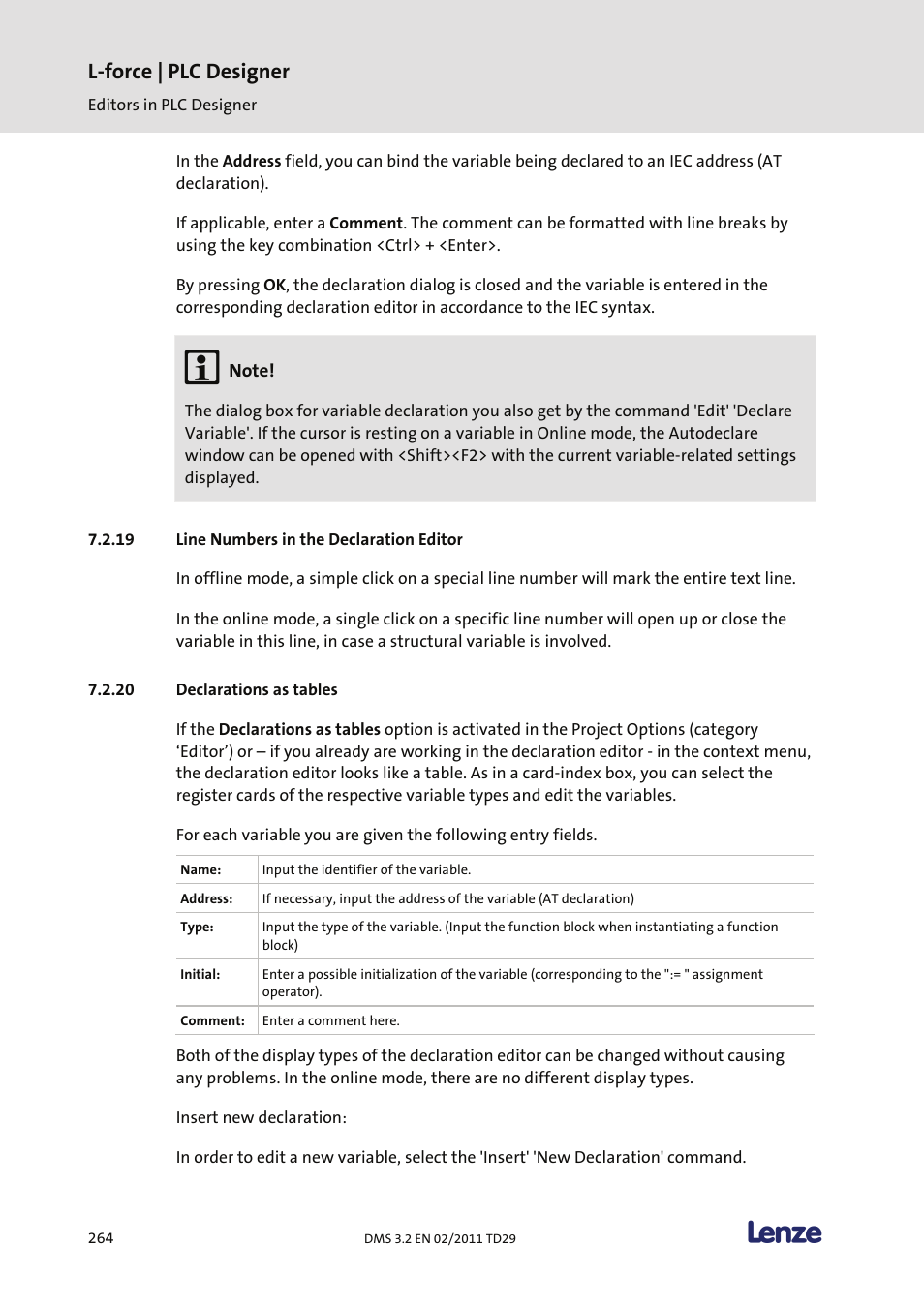 Line numbers in the declaration editor, Declarations as tables, L-force | plc designer | Lenze PLC Designer PLC Designer (R2-x) User Manual | Page 266 / 844