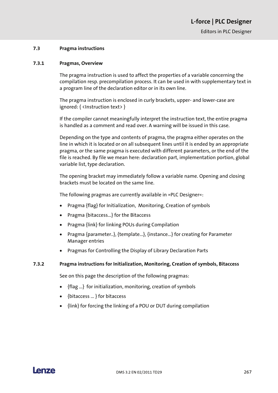 Pragma instructions, Pragmas, overview, L-force | plc designer | Lenze PLC Designer PLC Designer (R2-x) User Manual | Page 269 / 844