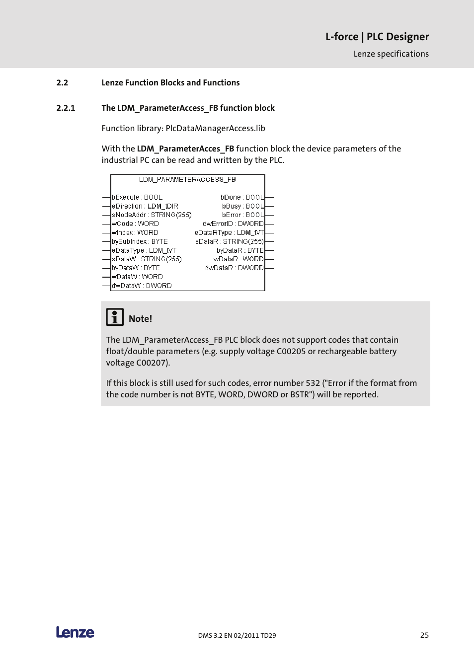 Lenze function blocks and functions, The ldm_parameteraccess_fb function block, L-force | plc designer | Lenze PLC Designer PLC Designer (R2-x) User Manual | Page 27 / 844