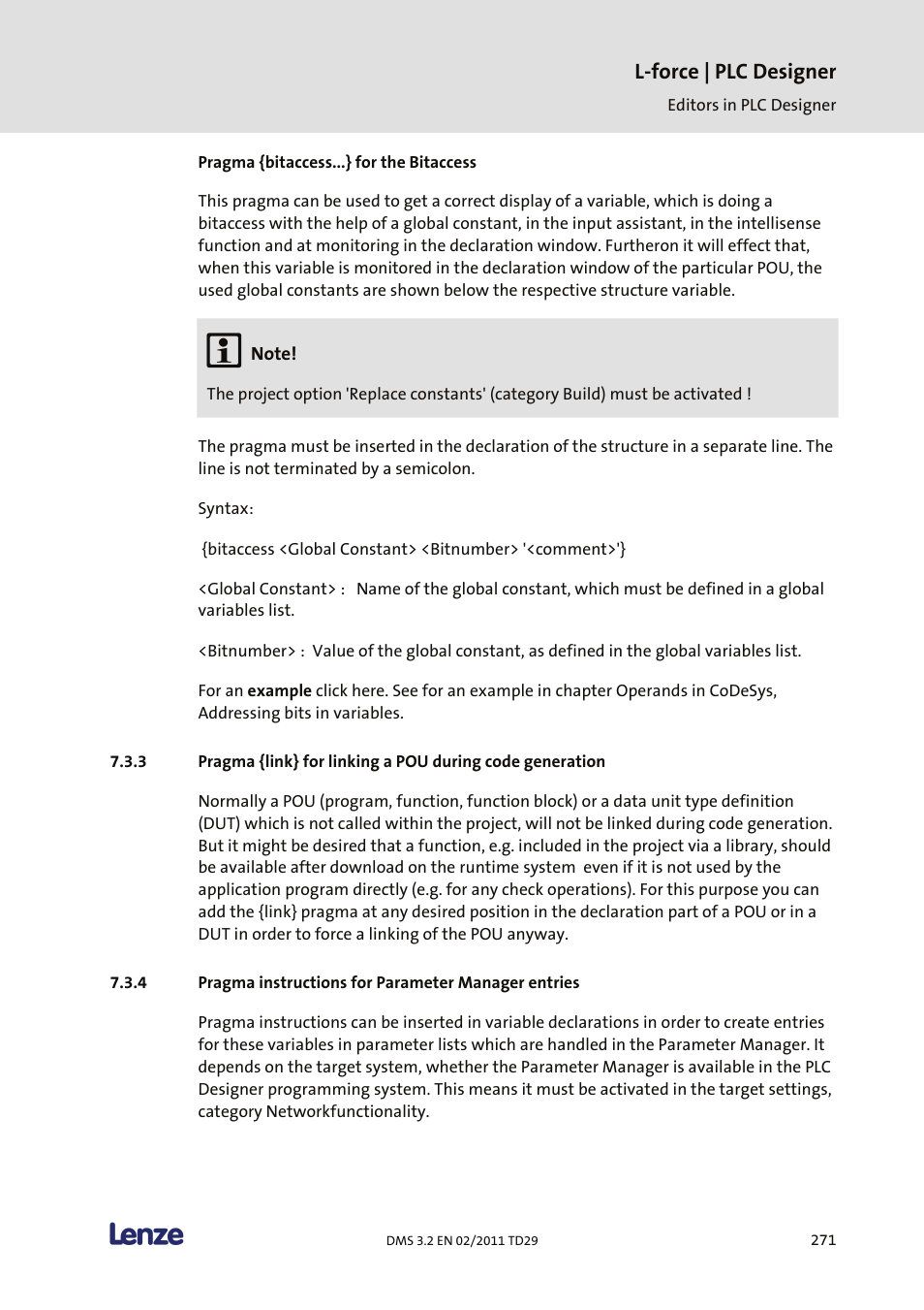 Pragma instructions for parameter manager entries, L-force | plc designer | Lenze PLC Designer PLC Designer (R2-x) User Manual | Page 273 / 844