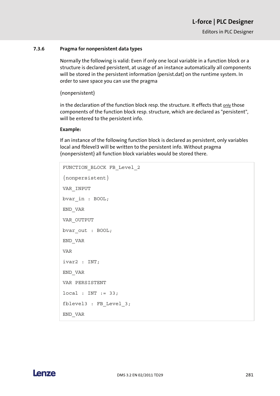 Pragma for nonpersistent data types, L-force | plc designer | Lenze PLC Designer PLC Designer (R2-x) User Manual | Page 283 / 844