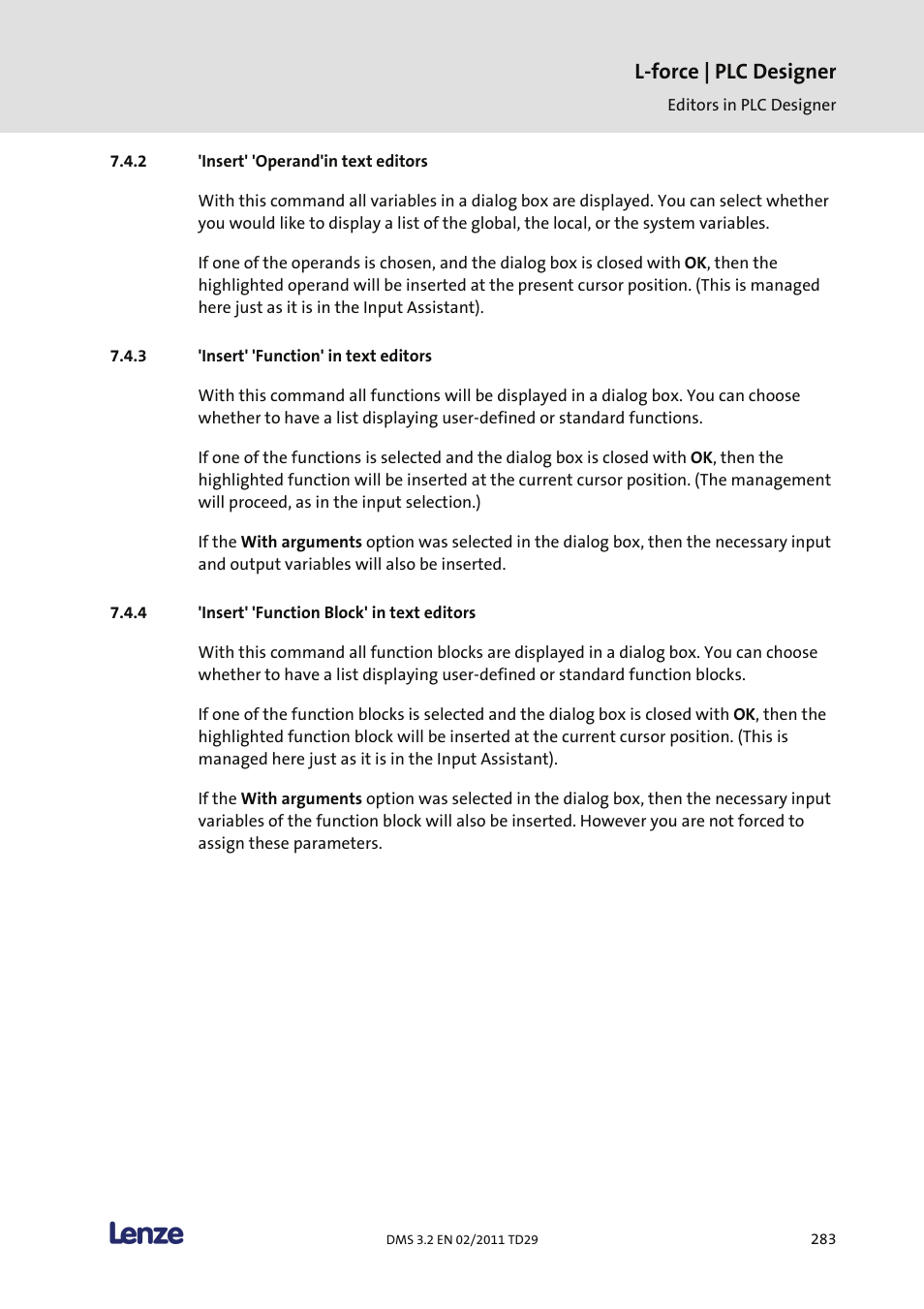 Insert' 'operand'in text editors, Insert' 'function' in text editors, Insert' 'function block' in text editors | L-force | plc designer | Lenze PLC Designer PLC Designer (R2-x) User Manual | Page 285 / 844