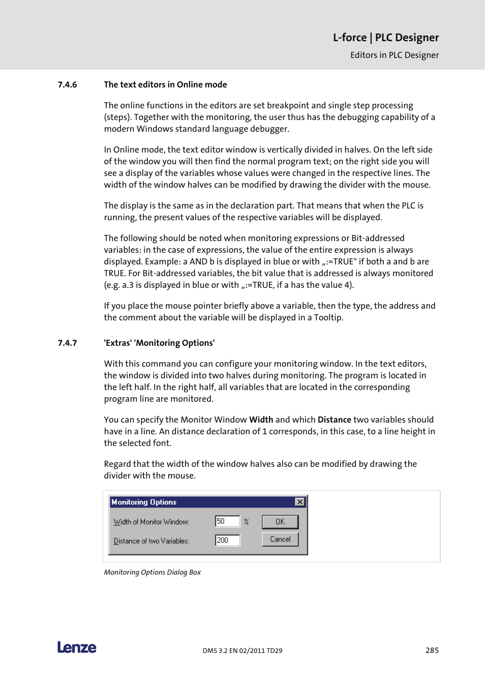 The text editors in online mode, Extras' 'monitoring options, L-force | plc designer | Lenze PLC Designer PLC Designer (R2-x) User Manual | Page 287 / 844