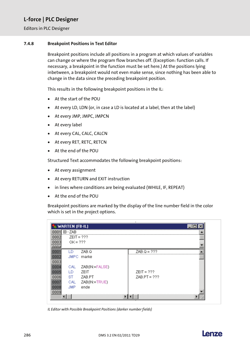 Breakpoint positions in text editor, L-force | plc designer | Lenze PLC Designer PLC Designer (R2-x) User Manual | Page 288 / 844