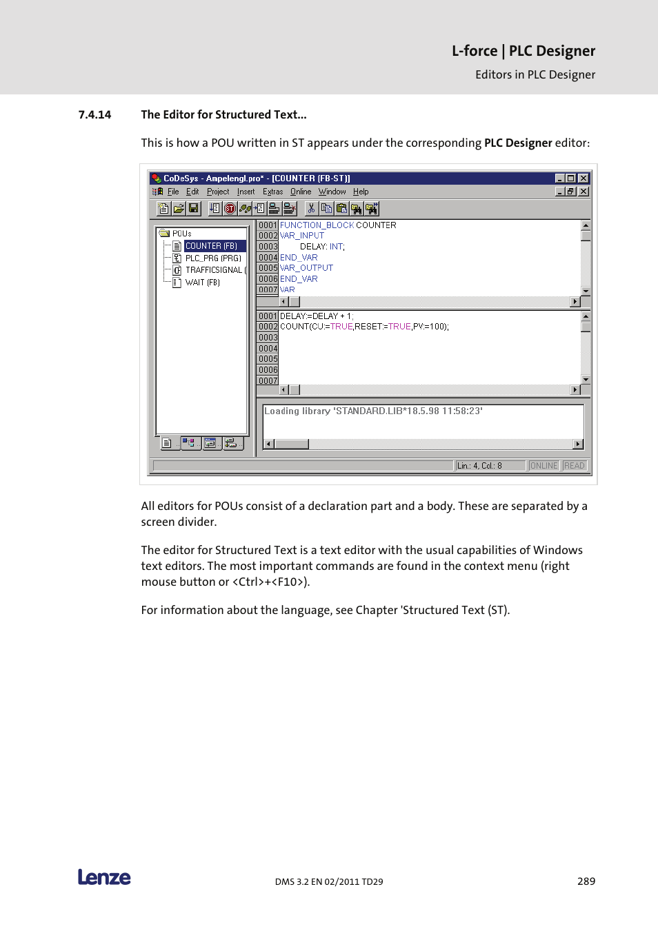 The editor for structured text, L-force | plc designer | Lenze PLC Designer PLC Designer (R2-x) User Manual | Page 291 / 844