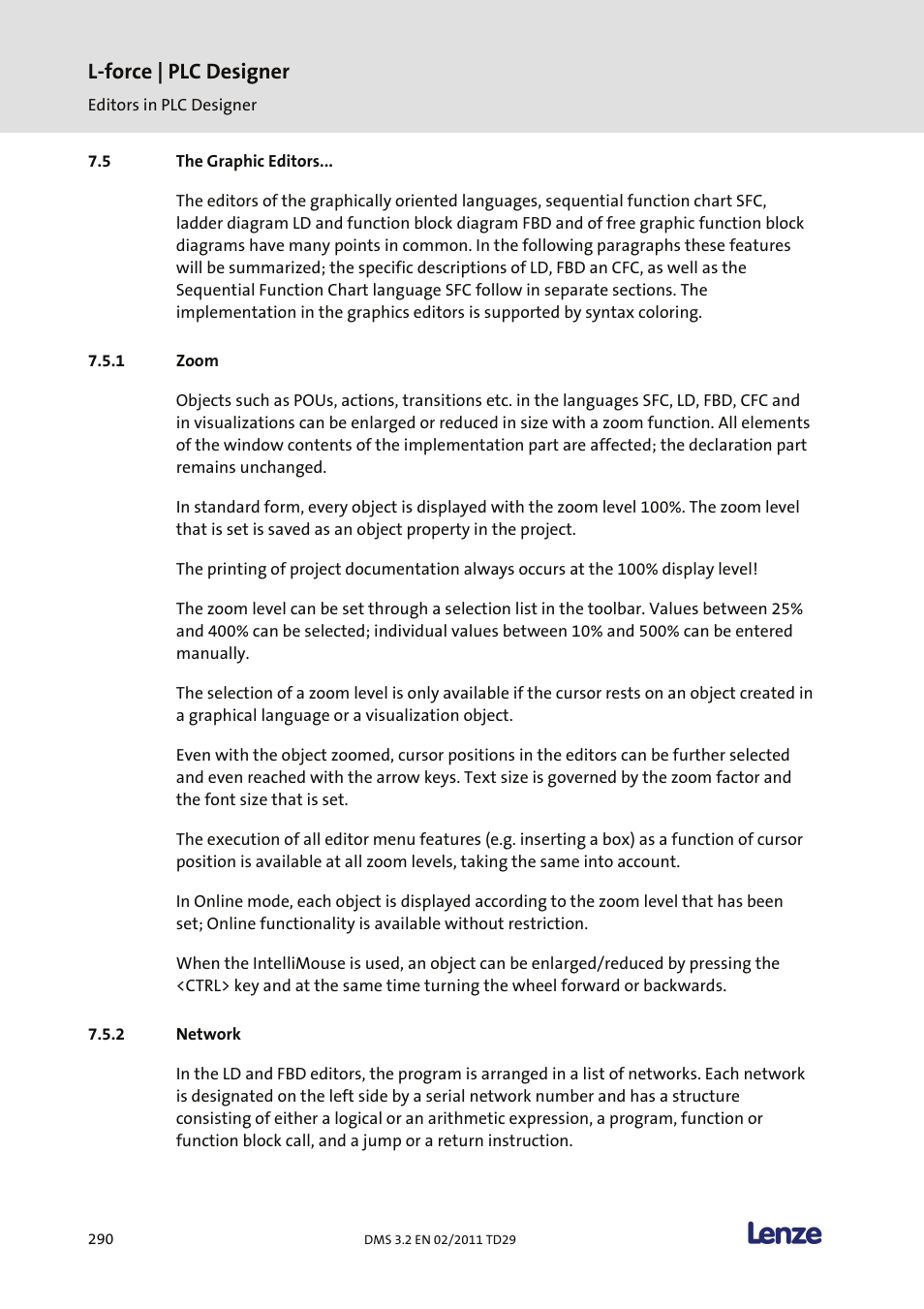 The graphic editors, Zoom, Network | L-force | plc designer | Lenze PLC Designer PLC Designer (R2-x) User Manual | Page 292 / 844