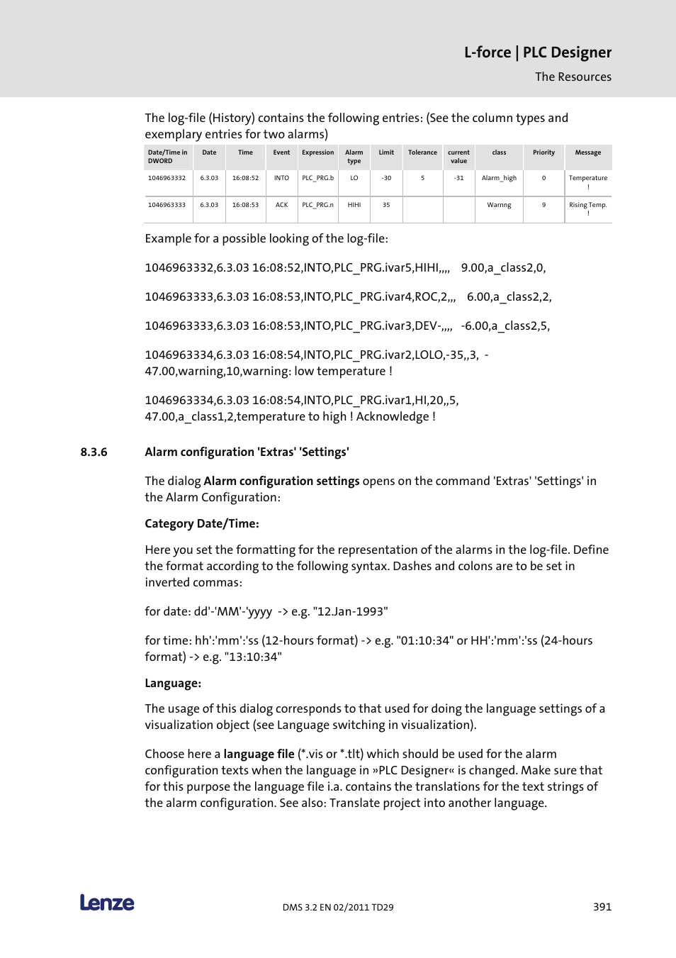 Alarm configuration 'extras' 'settings, L-force | plc designer, The resources | Lenze PLC Designer PLC Designer (R2-x) User Manual | Page 393 / 844