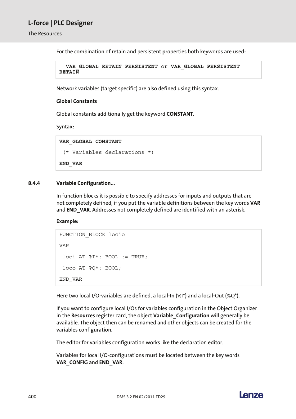 Variable configuration, L-force | plc designer | Lenze PLC Designer PLC Designer (R2-x) User Manual | Page 402 / 844