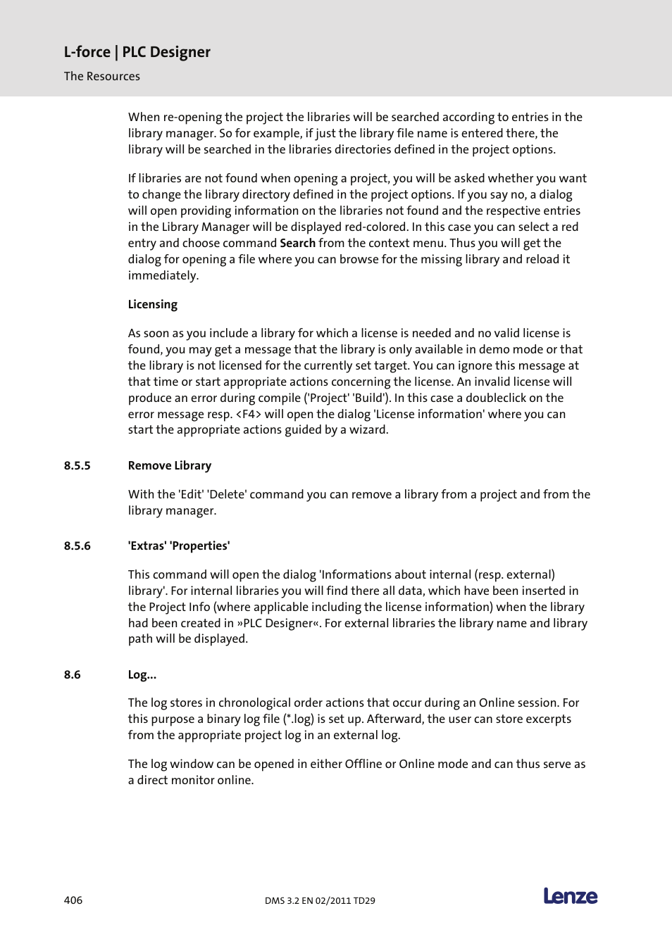 Remove library, Extras' 'properties, L-force | plc designer | Lenze PLC Designer PLC Designer (R2-x) User Manual | Page 408 / 844