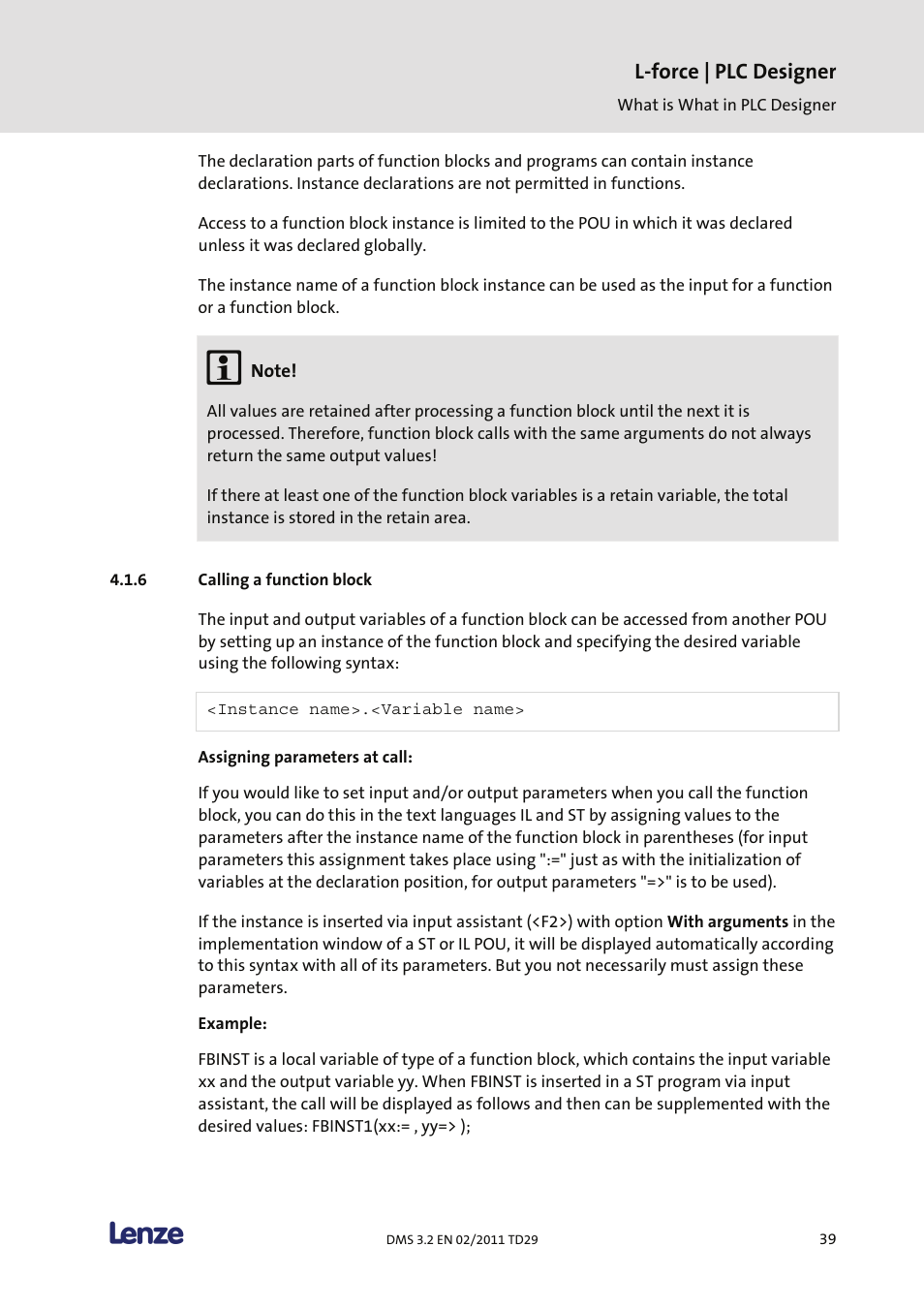 Calling a function block, L-force | plc designer | Lenze PLC Designer PLC Designer (R2-x) User Manual | Page 41 / 844