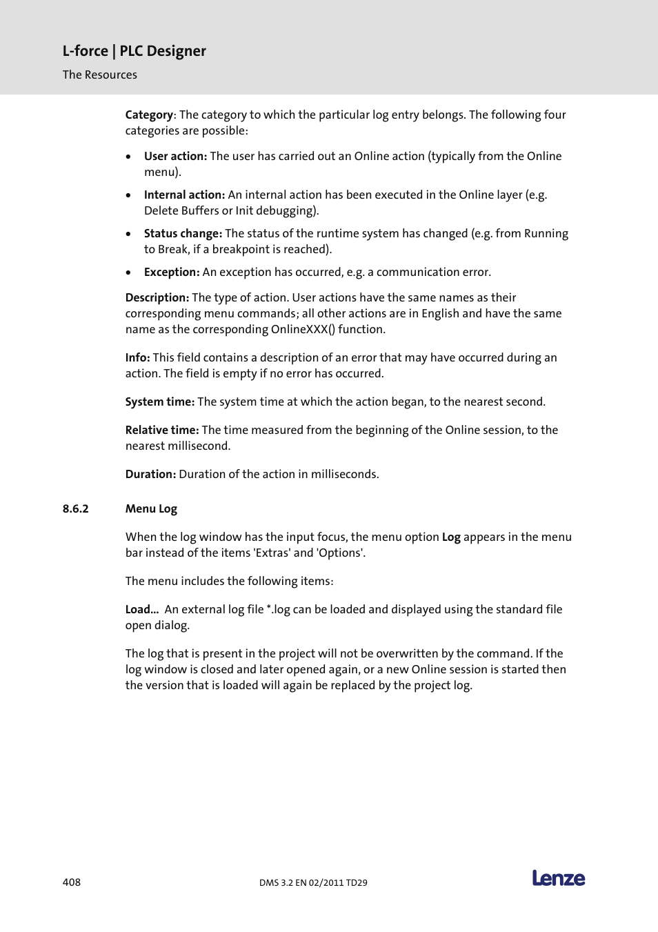 Menu log, L-force | plc designer | Lenze PLC Designer PLC Designer (R2-x) User Manual | Page 410 / 844