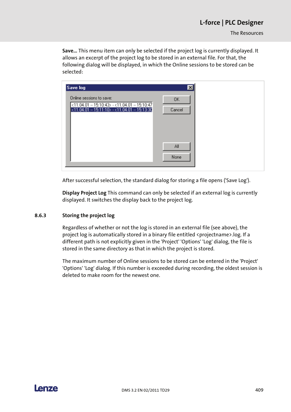 Storing the project log, L-force | plc designer | Lenze PLC Designer PLC Designer (R2-x) User Manual | Page 411 / 844