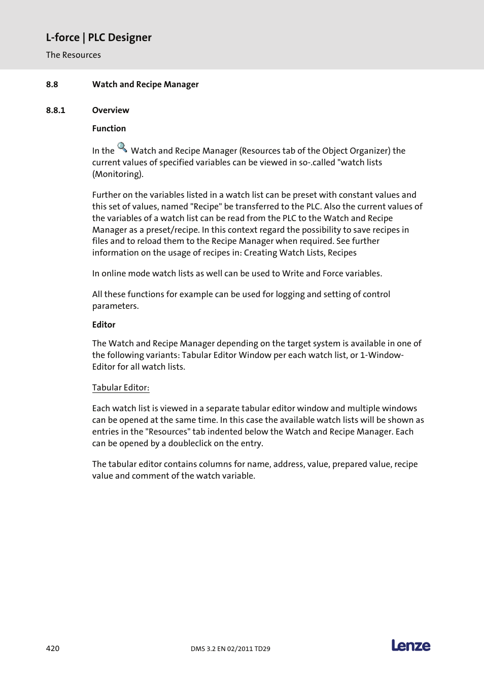 Watch and recipe manager, Overview, L-force | plc designer | Lenze PLC Designer PLC Designer (R2-x) User Manual | Page 422 / 844