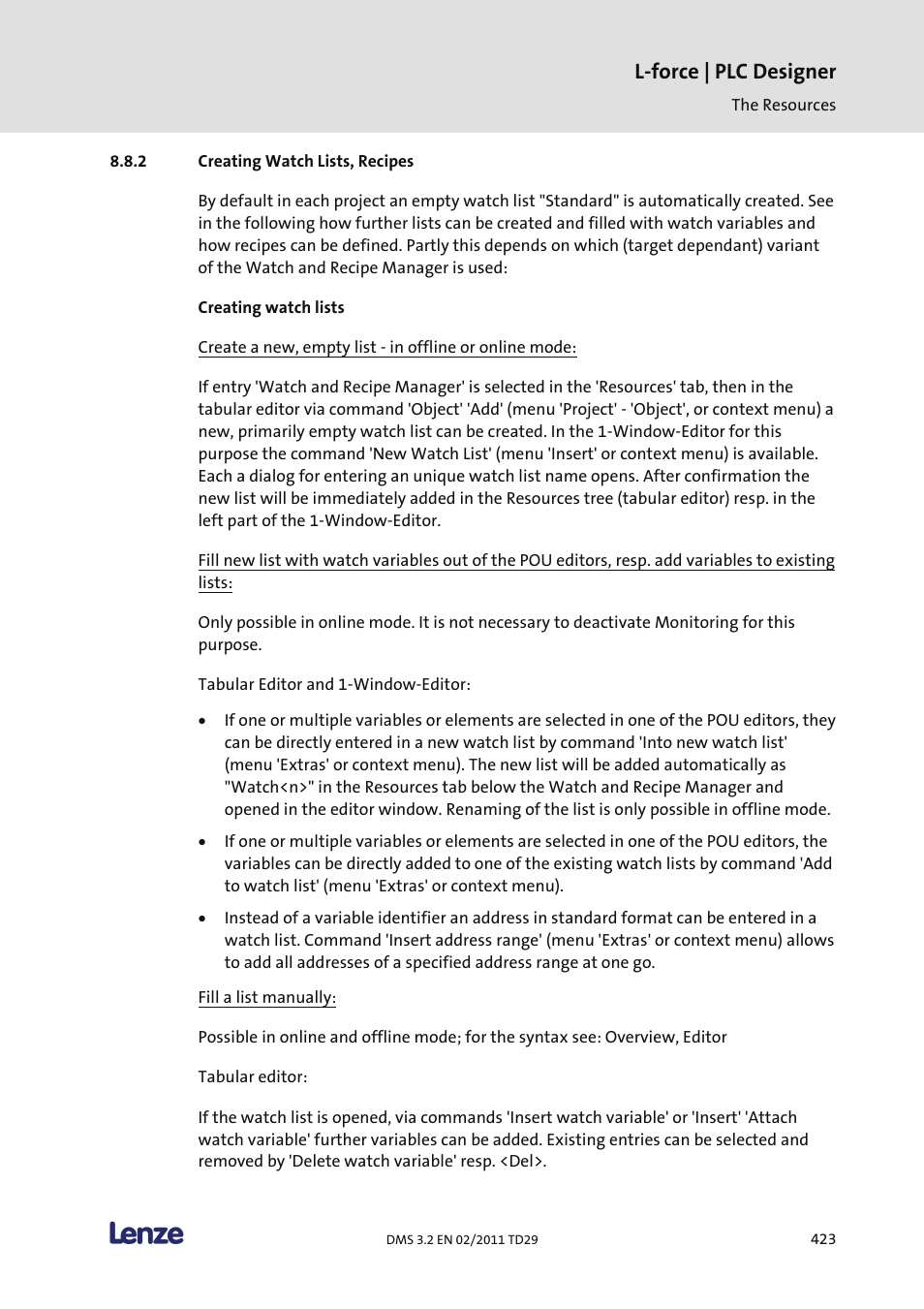 Creating watch lists, recipes, L-force | plc designer | Lenze PLC Designer PLC Designer (R2-x) User Manual | Page 425 / 844