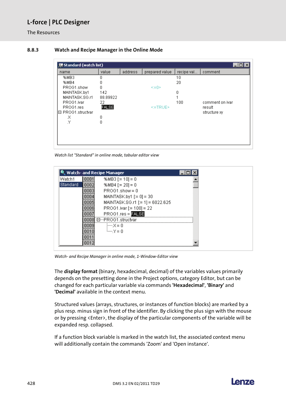 Watch and recipe manager in the online mode, L-force | plc designer | Lenze PLC Designer PLC Designer (R2-x) User Manual | Page 430 / 844