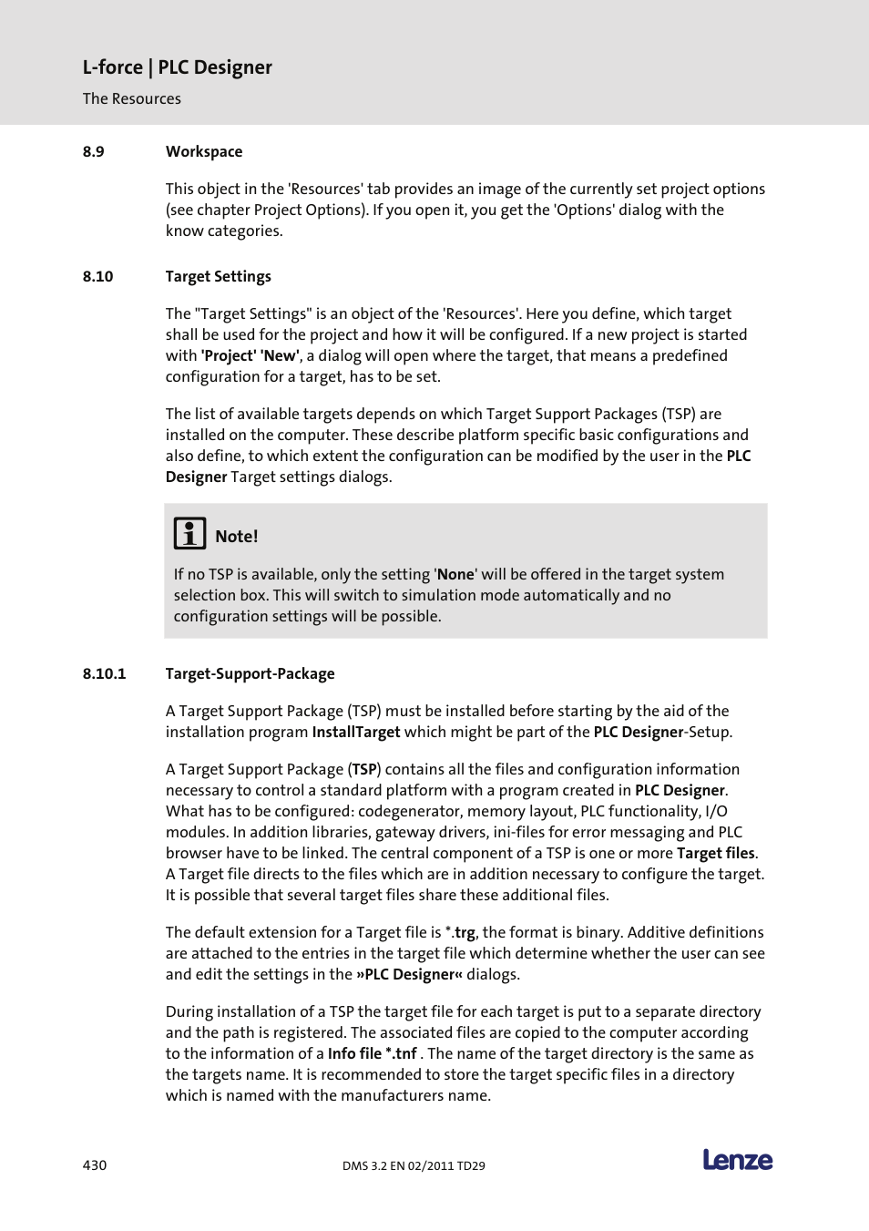 Workspace, Target settings, Target-support-package | L-force | plc designer | Lenze PLC Designer PLC Designer (R2-x) User Manual | Page 432 / 844