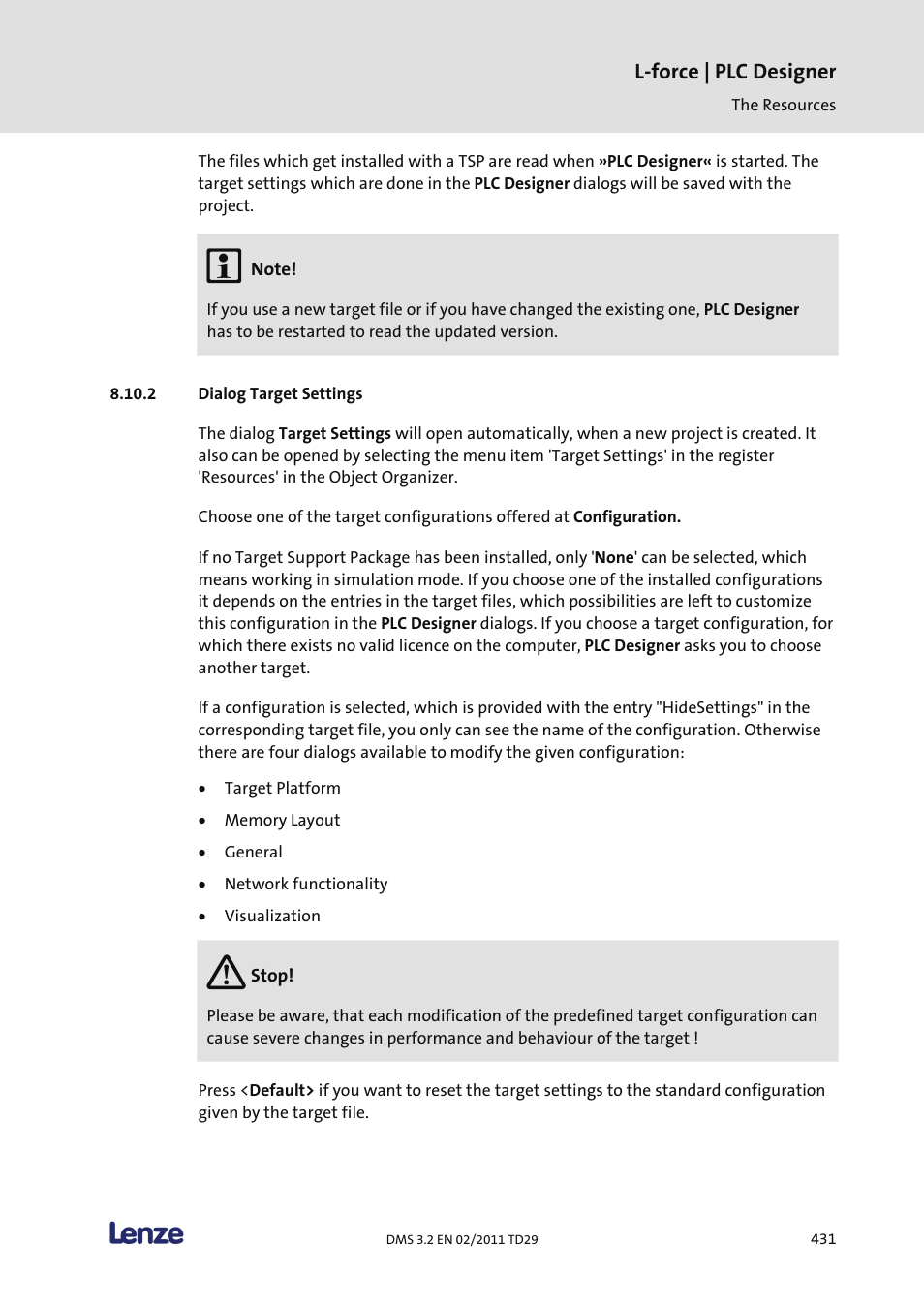 Dialog target settings | Lenze PLC Designer PLC Designer (R2-x) User Manual | Page 433 / 844