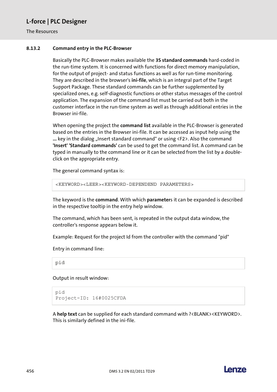 Command entry in the plc-browser, L-force | plc designer | Lenze PLC Designer PLC Designer (R2-x) User Manual | Page 458 / 844