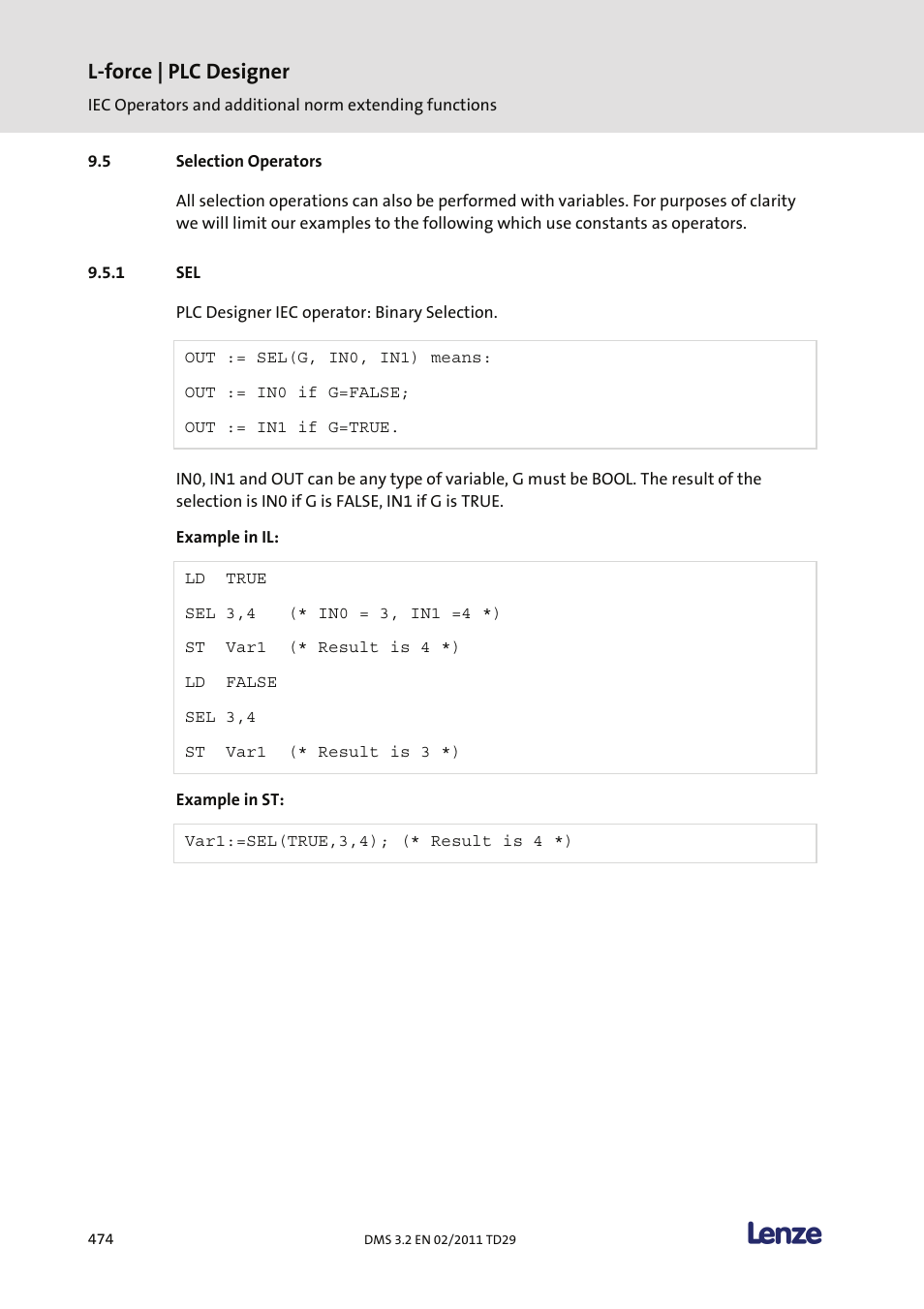 Selection operators, L-force | plc designer | Lenze PLC Designer PLC Designer (R2-x) User Manual | Page 476 / 844