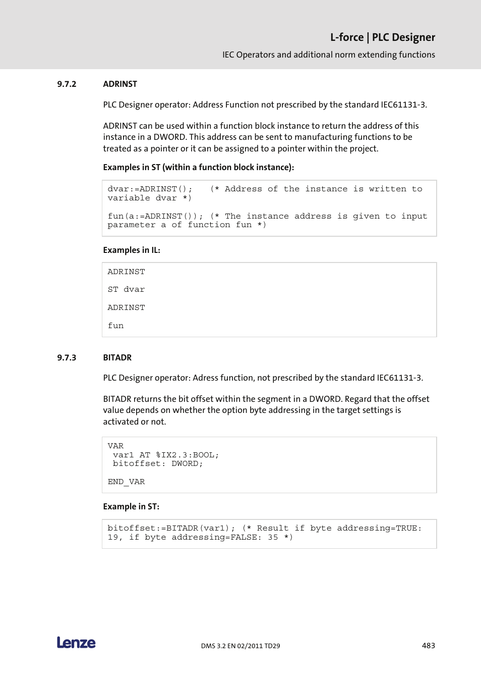 Adrinst, Bitadr, L-force | plc designer | Lenze PLC Designer PLC Designer (R2-x) User Manual | Page 485 / 844