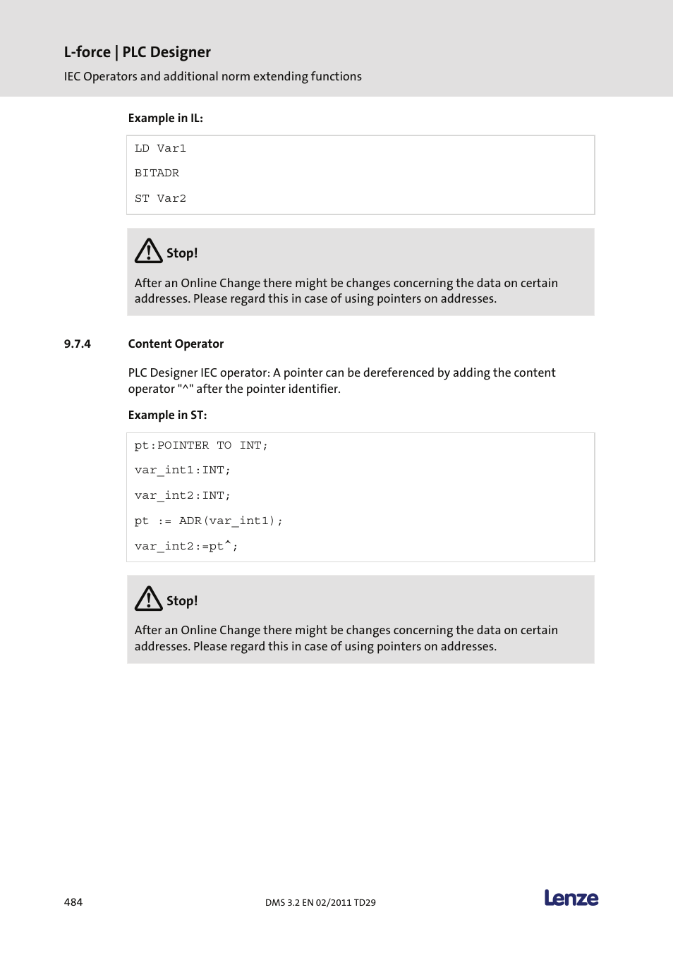 Content operator, L-force | plc designer | Lenze PLC Designer PLC Designer (R2-x) User Manual | Page 486 / 844