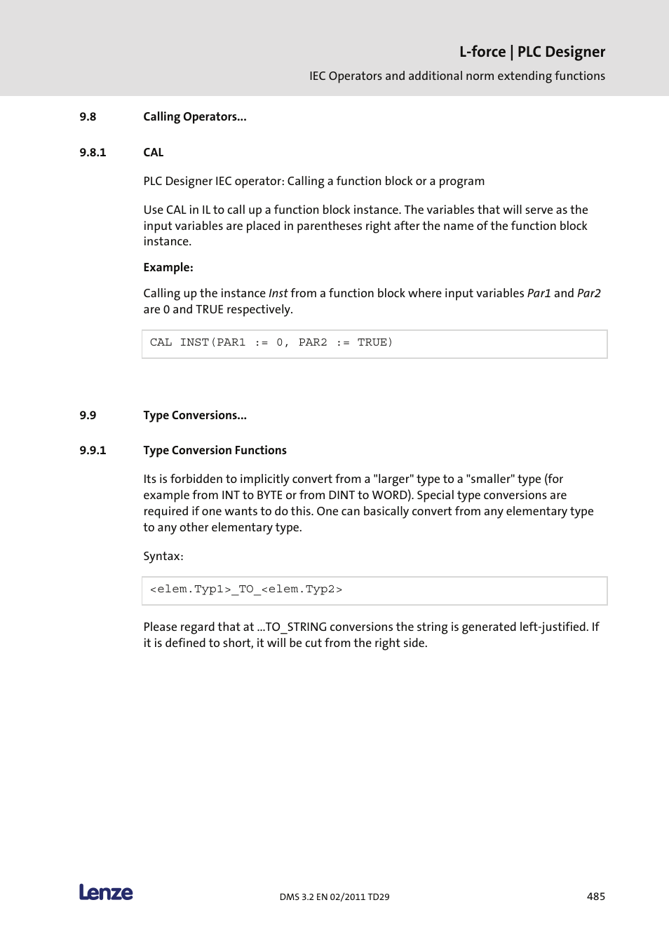 Calling operators, Type conversions, Type conversion functions | L-force | plc designer | Lenze PLC Designer PLC Designer (R2-x) User Manual | Page 487 / 844