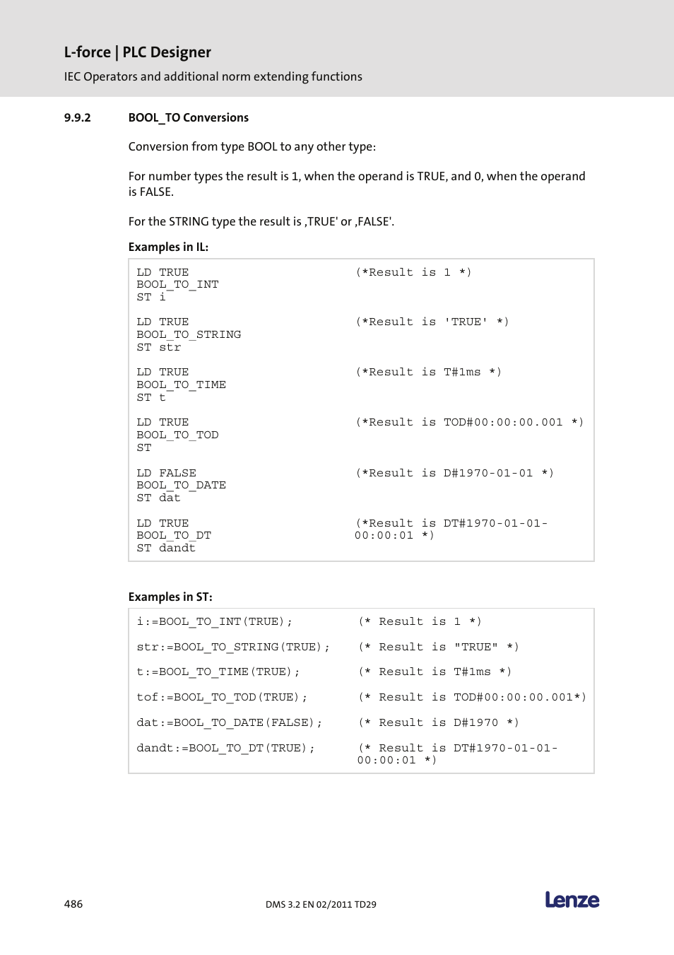 Bool_to conversions, L-force | plc designer | Lenze PLC Designer PLC Designer (R2-x) User Manual | Page 488 / 844