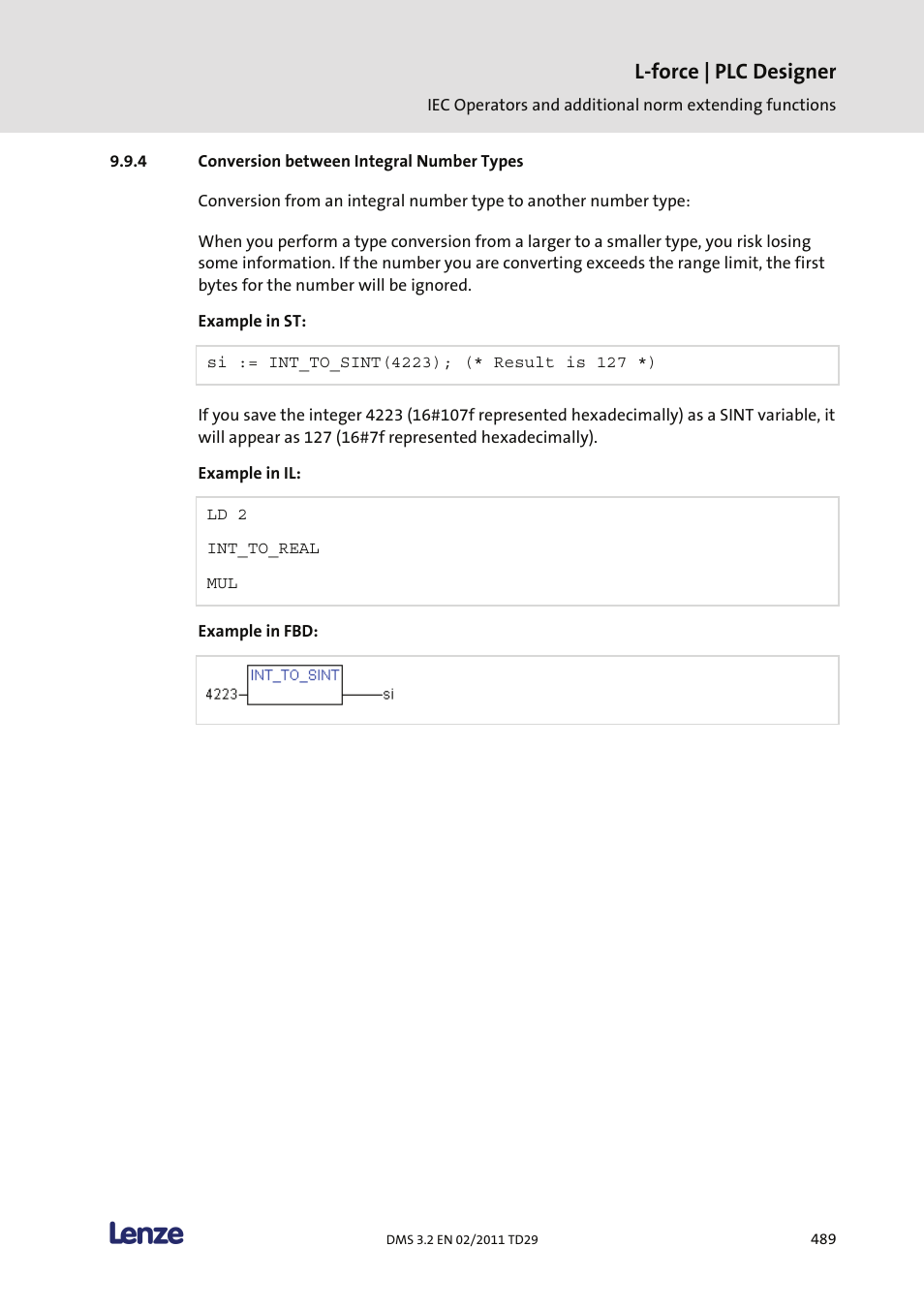 Conversion between integral number types, L-force | plc designer | Lenze PLC Designer PLC Designer (R2-x) User Manual | Page 491 / 844