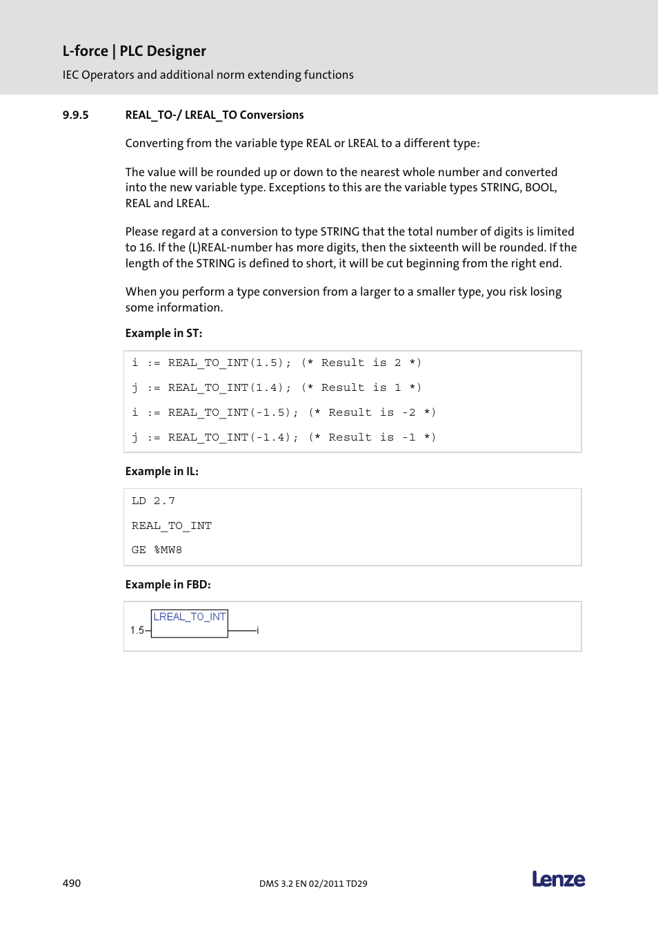 Real_to-/ lreal_to conversions, L-force | plc designer | Lenze PLC Designer PLC Designer (R2-x) User Manual | Page 492 / 844