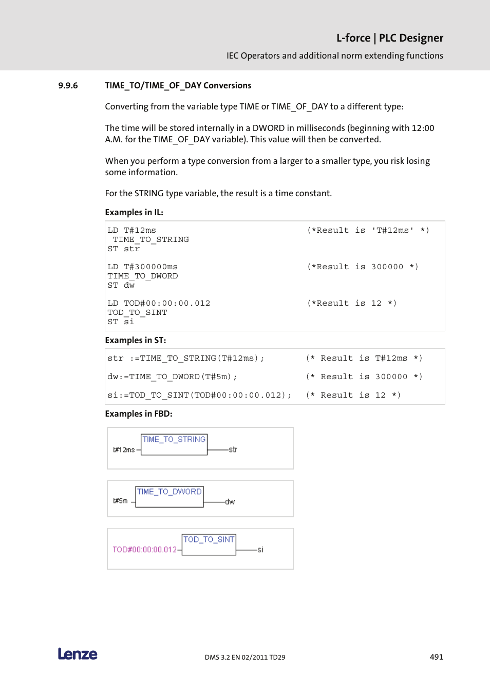 Time_to/time_of_day conversions, L-force | plc designer | Lenze PLC Designer PLC Designer (R2-x) User Manual | Page 493 / 844