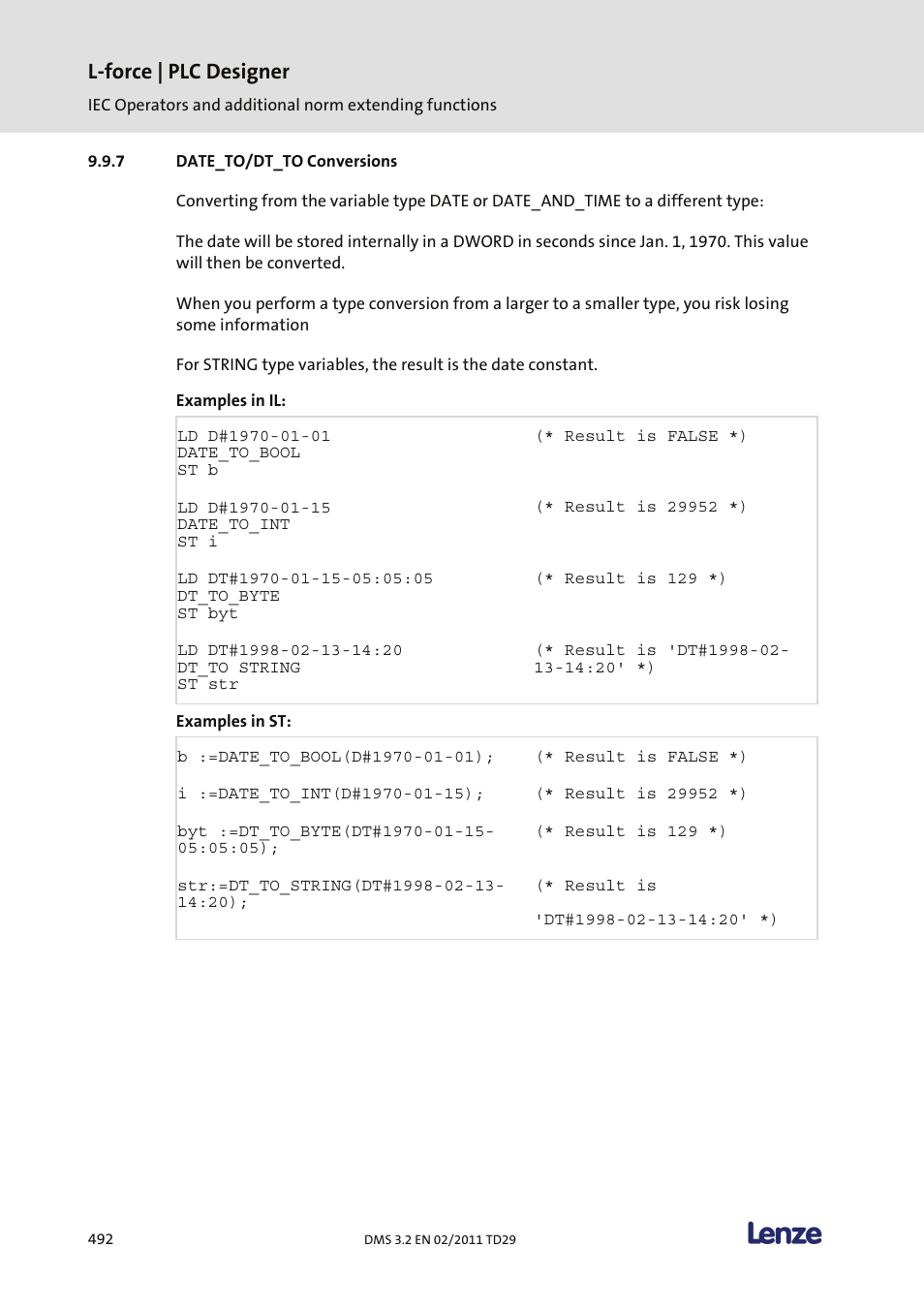 Date_to/dt_to conversions, L-force | plc designer | Lenze PLC Designer PLC Designer (R2-x) User Manual | Page 494 / 844
