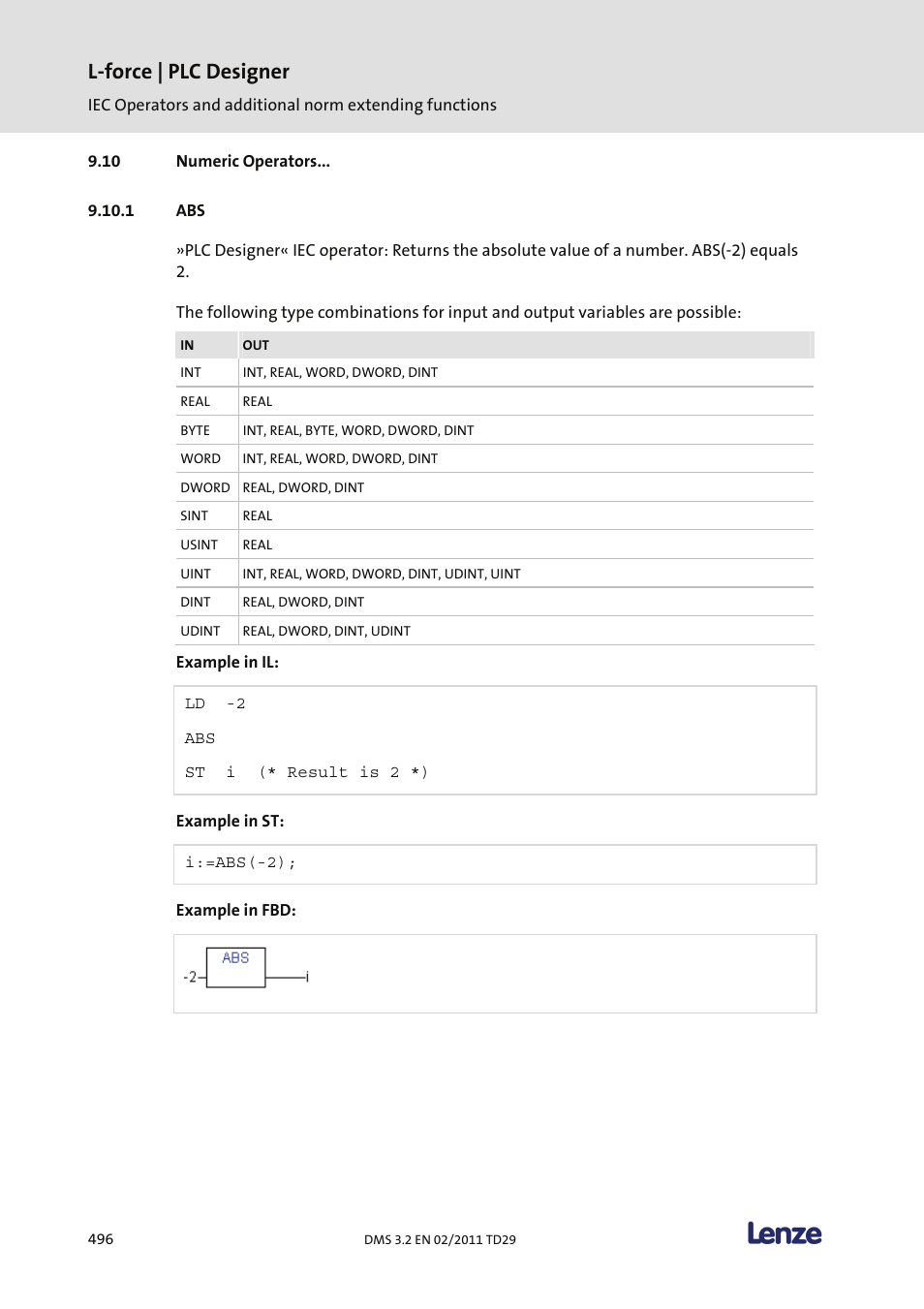 Numeric operators, L-force | plc designer | Lenze PLC Designer PLC Designer (R2-x) User Manual | Page 498 / 844