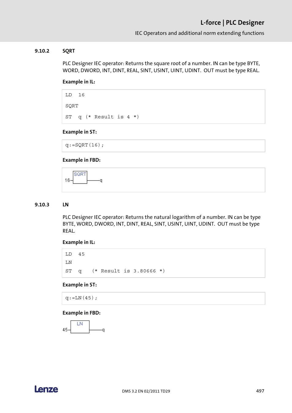Sqrt, L-force | plc designer | Lenze PLC Designer PLC Designer (R2-x) User Manual | Page 499 / 844