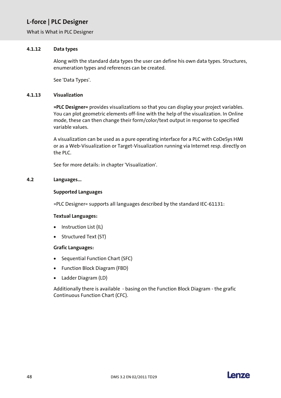 Data types, Visualization, Languages | Supported languages, L-force | plc designer | Lenze PLC Designer PLC Designer (R2-x) User Manual | Page 50 / 844
