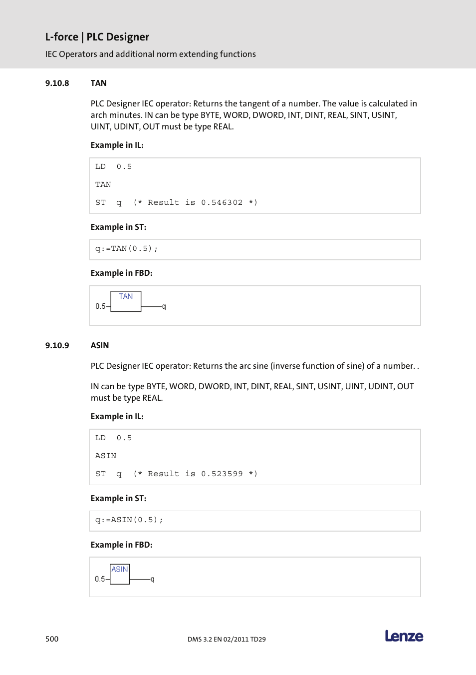 Asin, L-force | plc designer | Lenze PLC Designer PLC Designer (R2-x) User Manual | Page 502 / 844