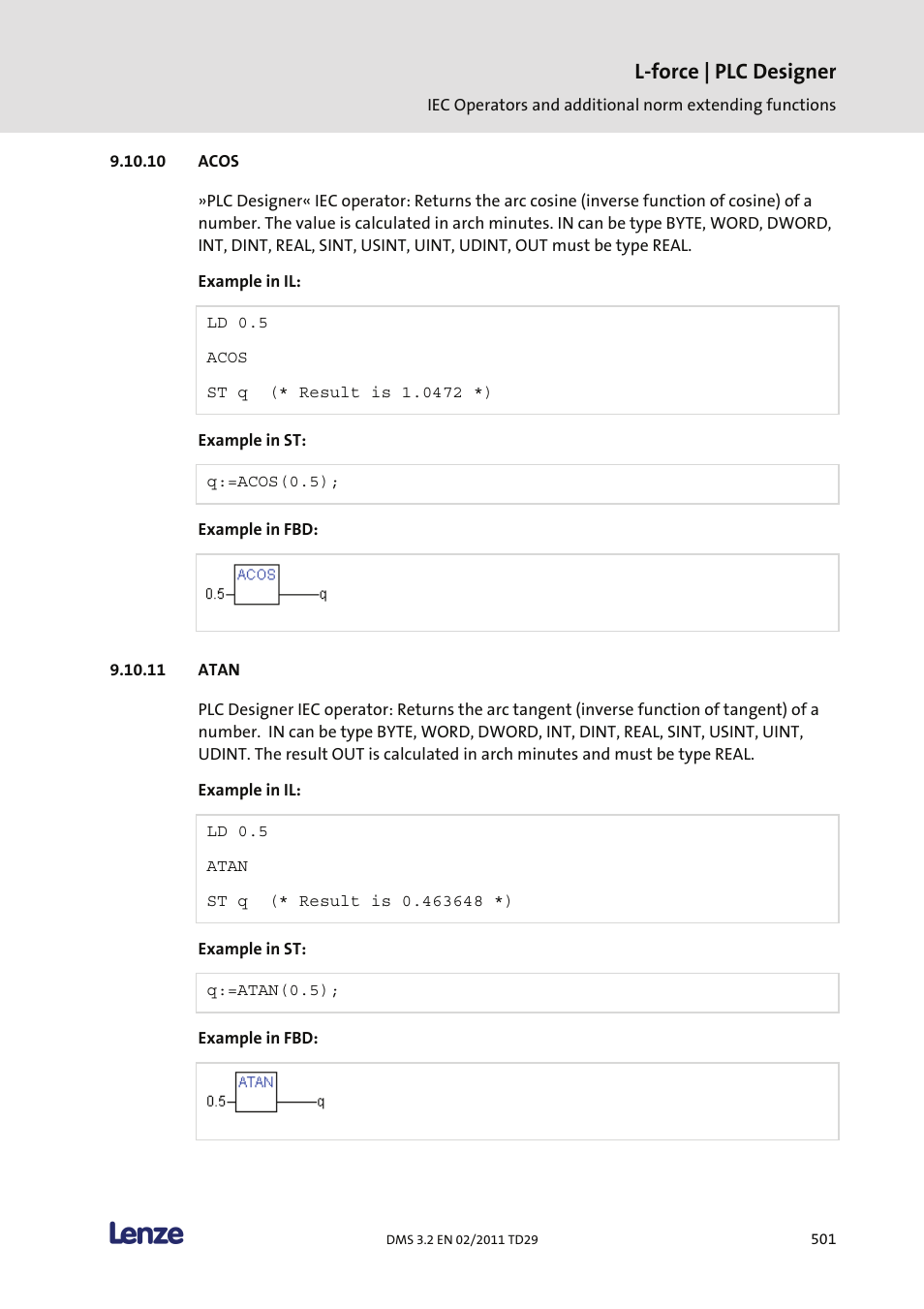 Acos, Atan, L-force | plc designer | Lenze PLC Designer PLC Designer (R2-x) User Manual | Page 503 / 844