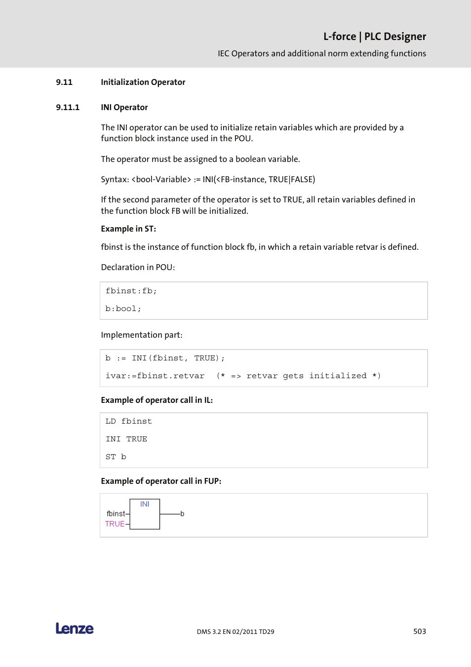 Initialization operator, Ini operator, L-force | plc designer | Lenze PLC Designer PLC Designer (R2-x) User Manual | Page 505 / 844