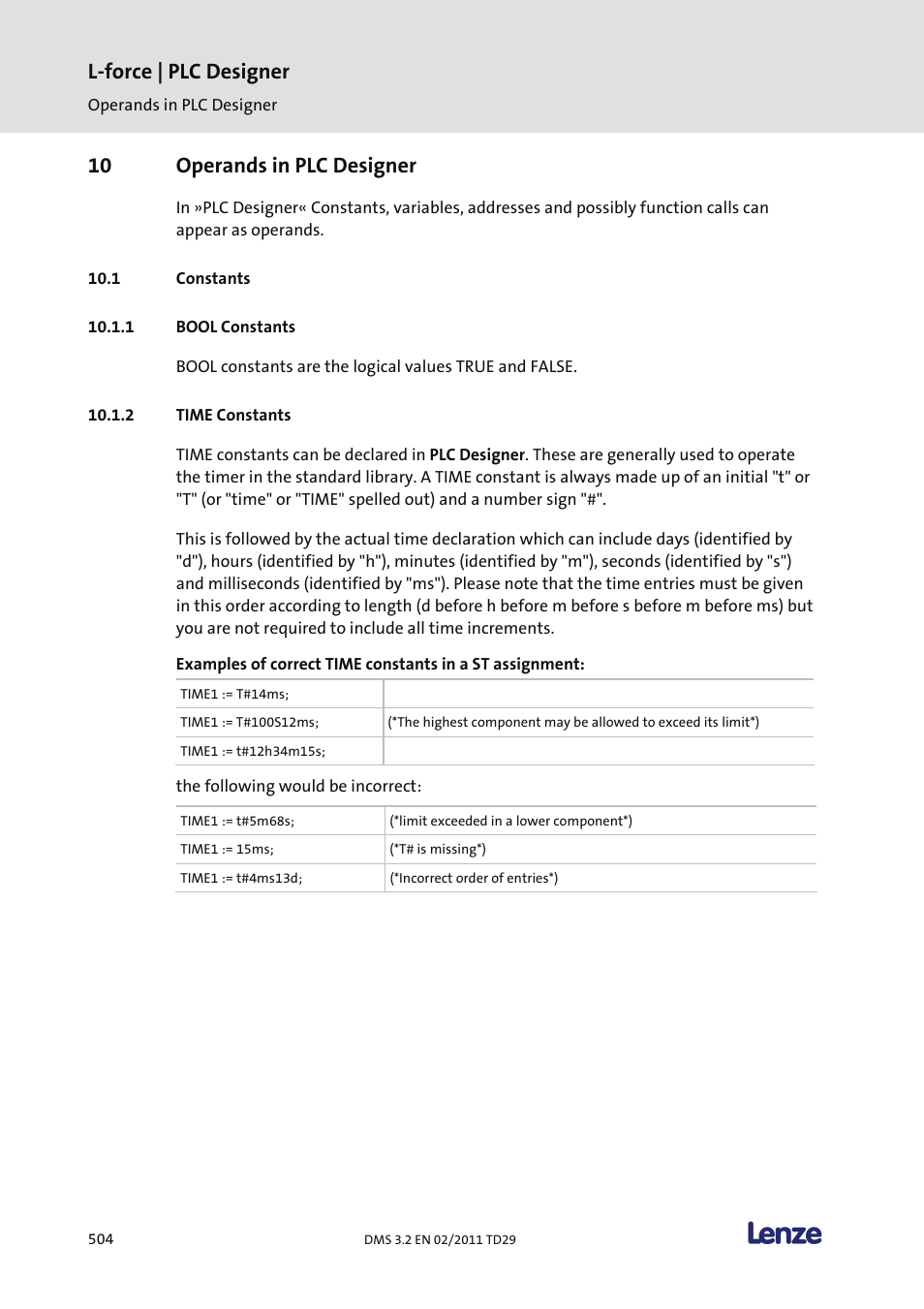 10 operands in plc designer, Constants, Bool constants | Time constants, L-force | plc designer | Lenze PLC Designer PLC Designer (R2-x) User Manual | Page 506 / 844